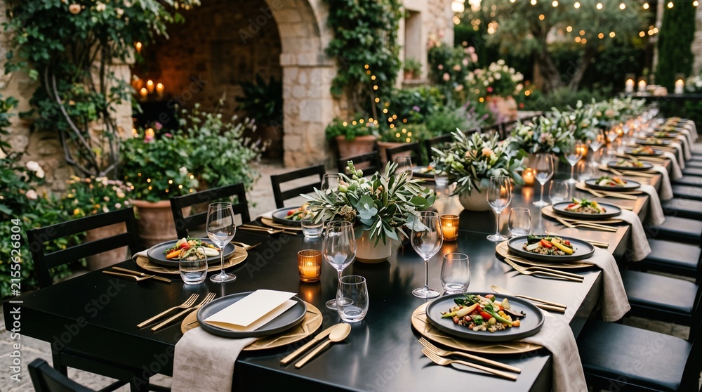 Fototapeta premium Geometric garden tablescape for an evening dinner event