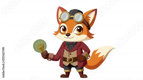 Smart fox inventor. Animation of a fox inventor with a light bulb, alpha channel. Cartoon