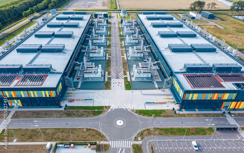 Data center AMS 13 and AMS 14 in Middenmeer, Netherlands, aerial view