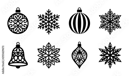 Christmas Ornaments and Snowflakes Vector Icons, Festive Holiday Decorations Set, Black and White Decorative Elements