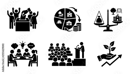 Government and Civic Icons: Voting, Economy, Education, Meeting, Presentation, Growth