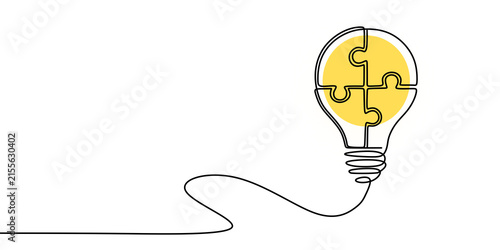 One line puzzle light bulb, minimalist continuous line drawing, creative idea and problem solving concept