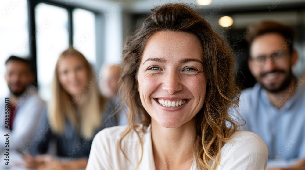Fototapeta premium A smiling woman in a white shirt, with a group of people in the background.