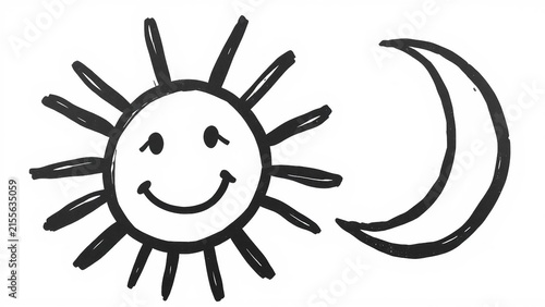 Cheerful hand-drawn sun with a smiling face and playful uneven rays in a simple black doodle style.