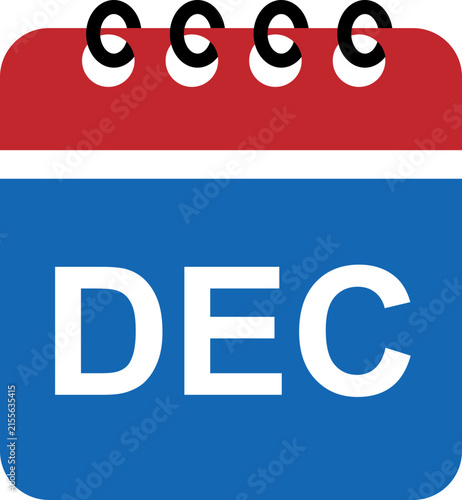 December calendar month icon. Red and blue flat vector illustration for spiral planner organizer app page, schedule event, business deadline reminder, timeline agenda and new year time management.