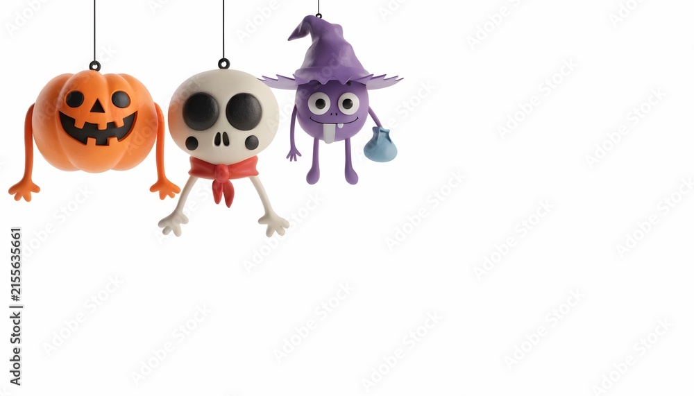 Fototapeta premium Cute 3D Hanging Halloween Monsters Pumpkin Skull and Witch Isolated on White Background