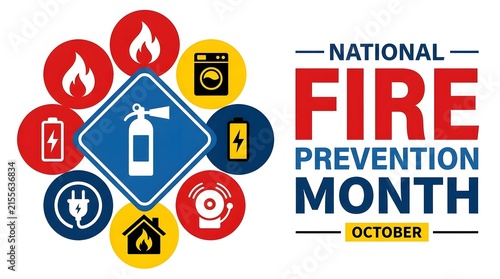 National fire prevention month illustration with safety equipment and hazard symbols for october awareness campaigns