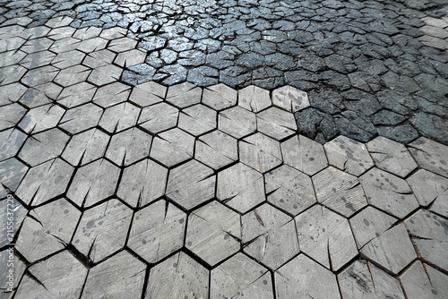 Wooden Hexagonal Blocks Tiled Floor. Abstract Natural Textured Background.  