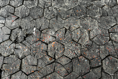 Old Wooden Hexagonal Blocks Tiled Floor. Abstract Natural Textured Background.   