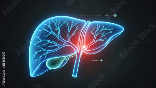 Human Liver Anatomy X-Ray Showing Localized Inflammation and Pain in the Upper Abdomen Medical Illustration