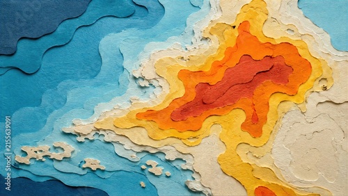 Layered Paper Art Topographic Map with Blue Water and Orange Terrain