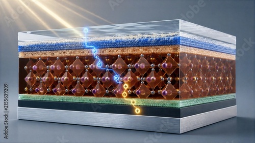 3D Cutaway Diagram of a Perovskite Solar Cell Showing Energy Flow