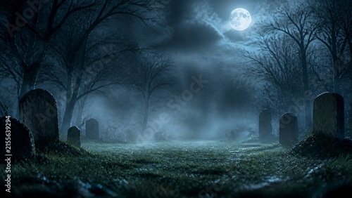 Moonlit Cemetery Clearing With Foggy Copy Space