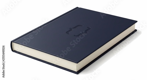 Dark navy blue hardcover book or notebook with embossed code curly brackets icon on cover, isolated on a white background.