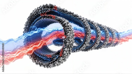 Spiraling Molecular Tube With Flowing Red And Blue Energy Waves