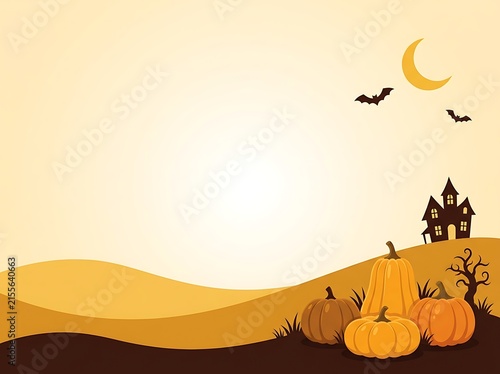 Halloween Sunset Landscape with Pumpkins, Silhouette Trees, Full Moon and Bats, Spooky Autumn Night Sky, Orange Vector Illustration for October Holiday Background