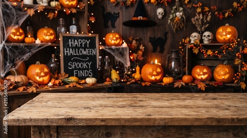 Rustic wooden table with Halloween background, spooky jack-o-lanterns and autumn decor, empty wood surface for product display