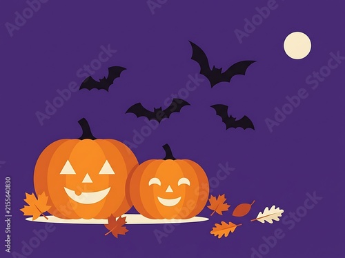 Spooky Halloween Background with Jack-o-Lantern Pumpkins and Bats Under a Dark Moonlit Night, Autumn Holiday Horror Vector Illustration in Orange and Black