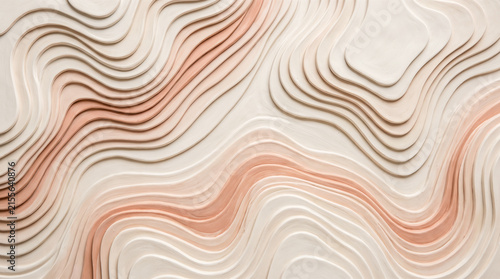 Abstract topographic map texture featuring smooth wavy lines blending beige and pastel pink colored contours forming continuous layered three dimensional geographical landscape