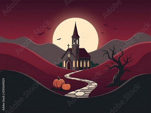 Spooky Church at Dusk: An eerie church stands silhouetted against a large, luminous moon, casting long shadows across a desolate landscape. The path leading to it is lined with pumpkins.