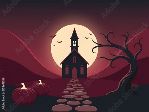 Spooky Halloween Church: A dark, gothic church stands silhouetted against a large, luminous moon, with a stone path leading to its entrance. The eerie scene is set with pumpkins, bare tree branches.