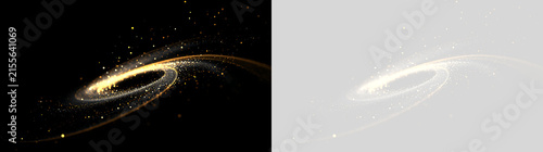 Fotografía Golden glowing spiral light trail with particles on black and transparent background