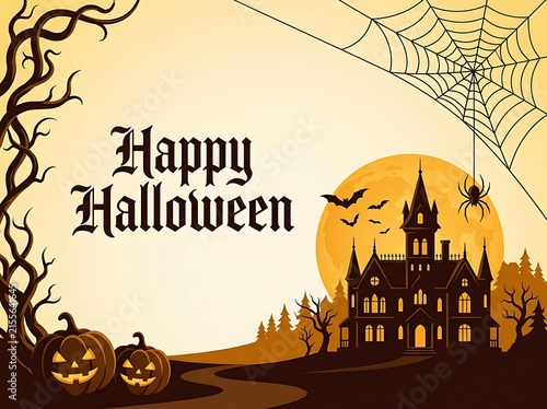 Happy Halloween Scene: A spooky, yet festive, Halloween illustration featuring a haunted mansion, glowing pumpkins, a creepy spider on a web, bats flying under a full moon.