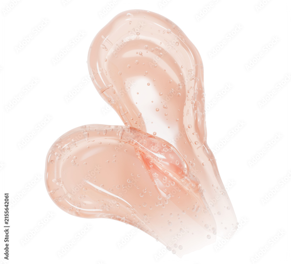 Fototapeta premium Pink cosmetic gel smears with air bubbles isolated on 3d background. Peach rose cream texture, swatches of liquid beauty product, face cleanser, body scrub, moisture skincare serum