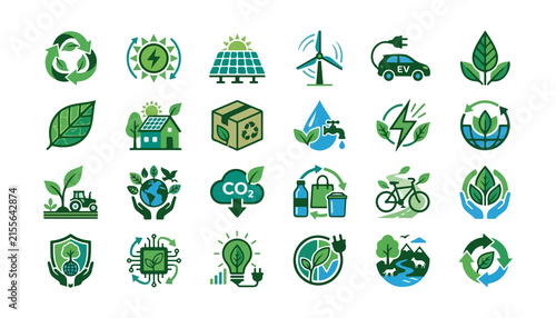 Sustainability Icon Set Featuring Green Symbols for Recycling, Renewable Energy, Eco-Friendly Practices, and Environmental Conserv