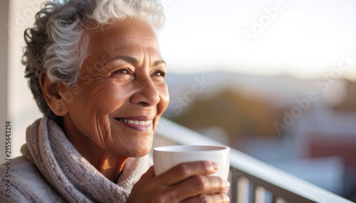Senior woman enjoying morning coffee on balcony