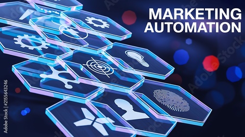 Marketing automation concept with digital interface elements and connected technology network