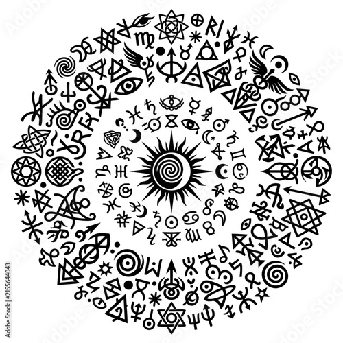 Картината върху платно Mystical occult symbols mandala, sacred geometry and astrology zodiac icons, bla
