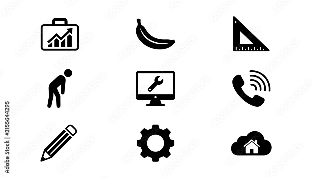 Fototapeta premium Business growth technical support and lifestyle solid glyph icons set featuring banana tools phone and cloud symbols,