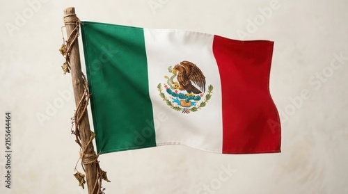 Mexico National Flag Held Upright, Realistic Fabric Texture, Official Symbol and Colors