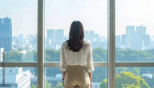 オフィスで窓の外を見る女性会社員