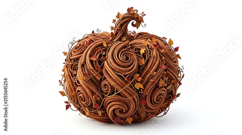 Artistic Woven Pumpkin with Autumn Leaves and Vines on White Background