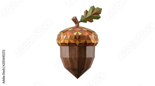 Stylized Acorn with Leaf - Low Poly Autumn Element, White Background Isolated