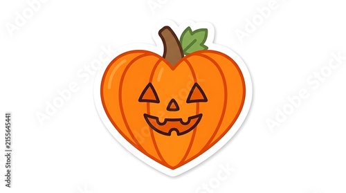 Heart Shape Pumpkin Sticker with Carved Face on White Background