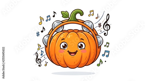 Cute Pumpkin Character with Headphone Tambourine and Music Notes