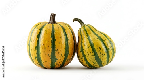 Two decorative gourds on white background, still life, healthy harvest food