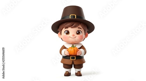 Cute pilgrim boy cartoon hold small pumpkin, autumn harvest character
