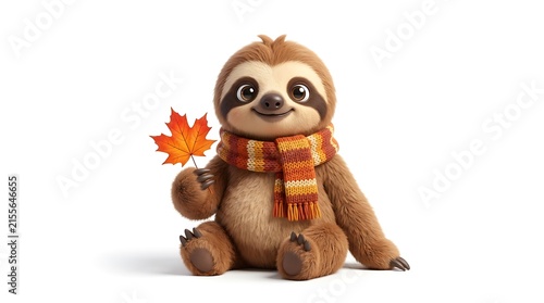 Charming Cute Sloth Character with Autumn Leaf and Scarf, White Background