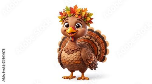 Cute Cartoon Turkey Bird with Autumn Leaf Crown, Joyful Thanksgiving Mascot