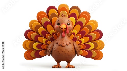 Cute Cartoon Turkey with Autumn Feathers Isolated on White Background