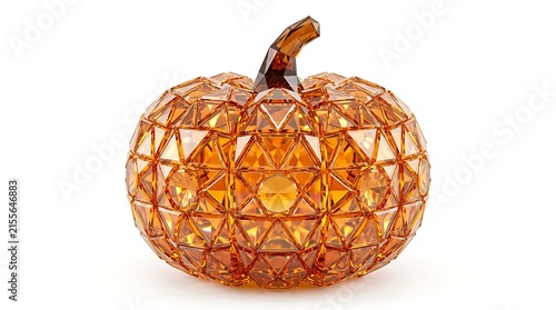 Sparkling faceted crystal pumpkin art object with stem on white background