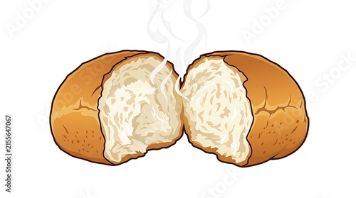 Freshly Baked Bread Roll Split in Half with Steam Rising Above