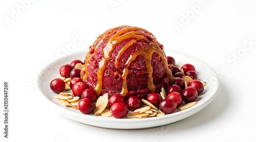Delicious Dessert with Berries and Nuts, Drizzled with Sweet Caramel Sauce