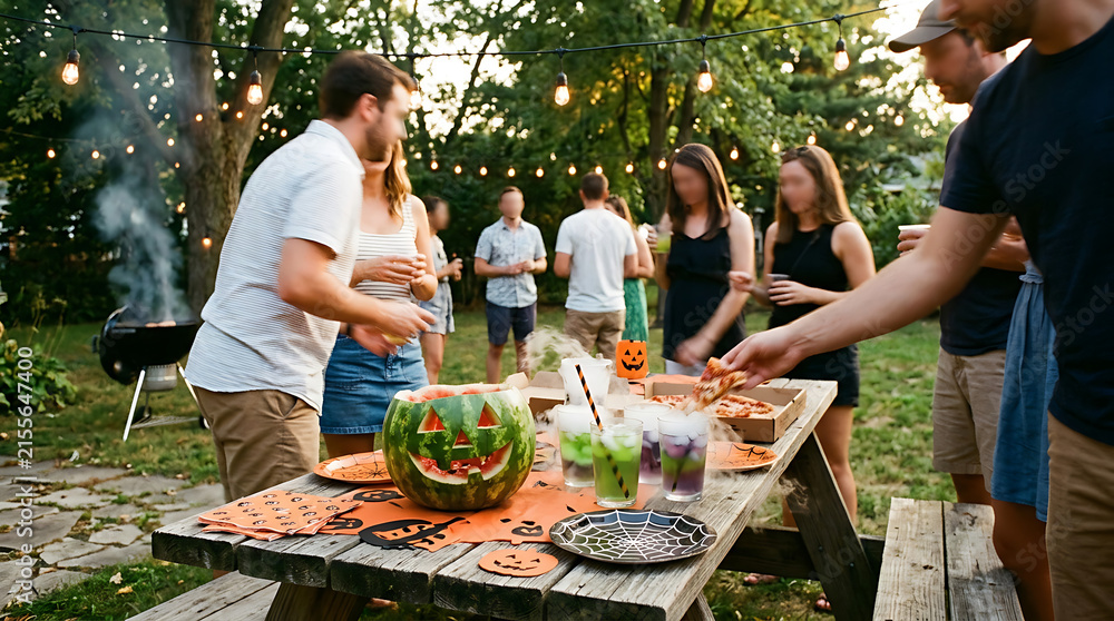 Obraz premium Friends enjoying a lively backyard Halloween party with glowing string lights, food, and drinks around a festive picnic table, creating a warm and memorable social gathering under the evening sky
