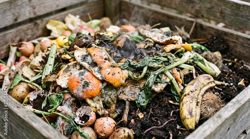 Close-up view of a vibrant compost heap filled with various organic food scraps and garden waste, showcasing sustainable practices for enriching soil and reducing environmental impact