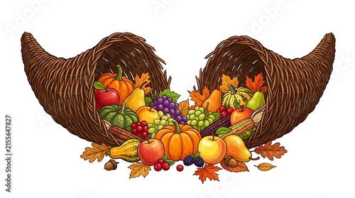 Abundant Cornucopia Horn Fill with Autumn Harvest Fruits and Vegetables